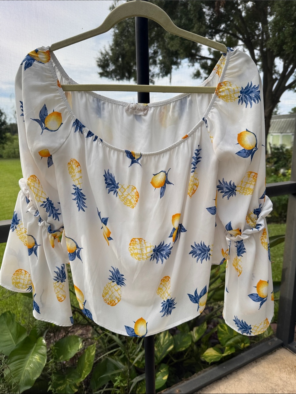 Altar'd State White Blouse with Yellow Pineapple and Blue Leaf Print